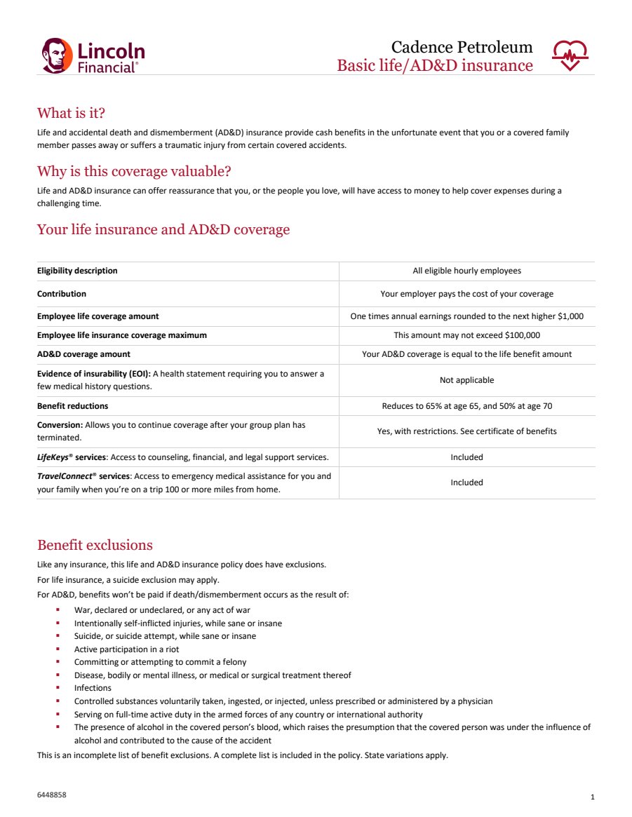 Basic Life and ADD Class 2 Benefit Summary — Hourly Employees